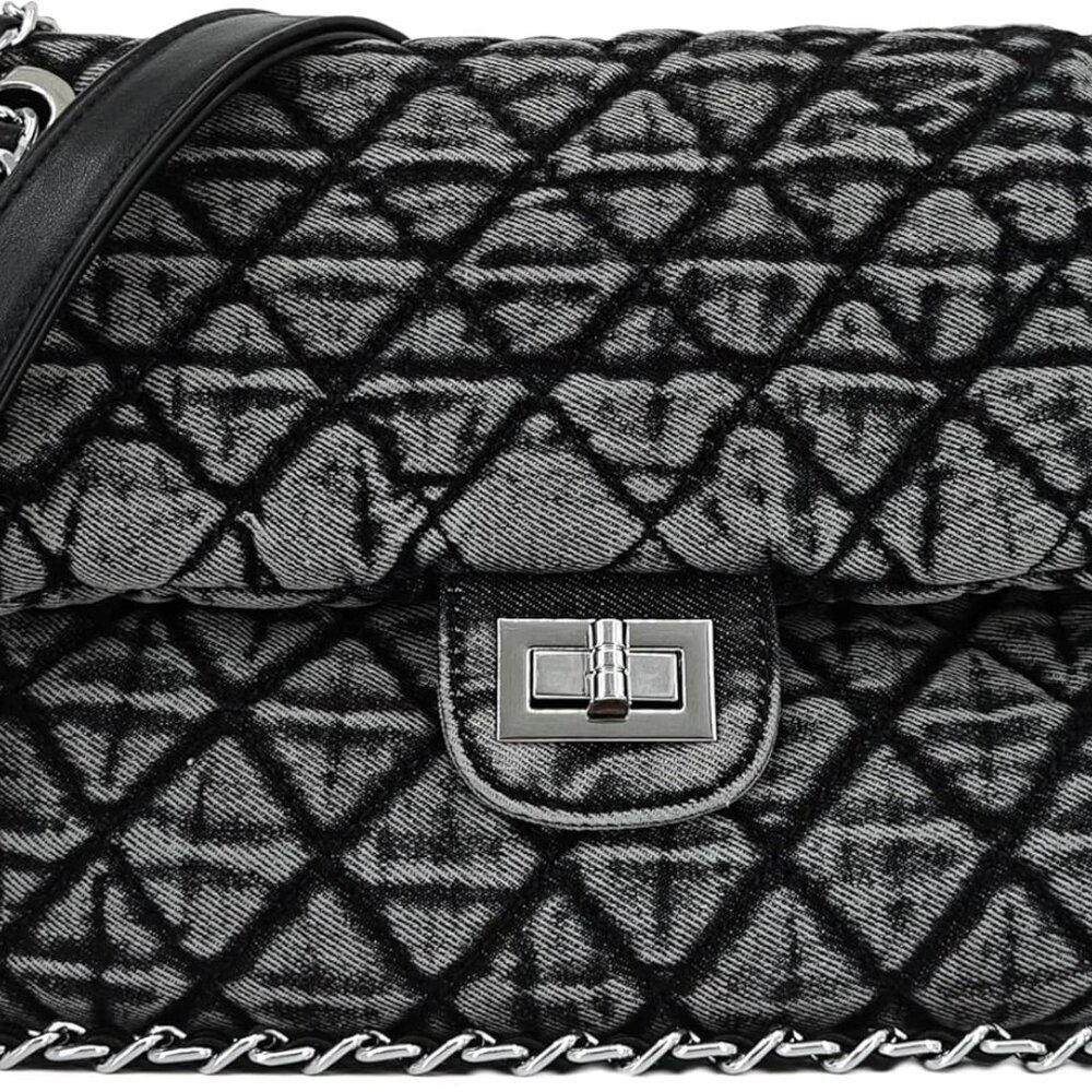 Quilted Denim Purse, Shoulder Bag for Women, Crossbody Flap Tote Bag, Silver Cha